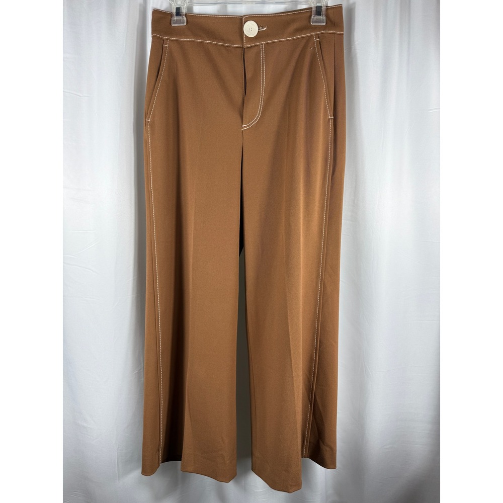 Zara Woman Brown‎ Wide Leg Pants Contrast Stitching High Rise Size XS